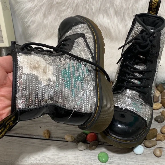 Dr. Martens Pooch Silver Sequins Combat Boots Side Zip - Picture 5 of 9